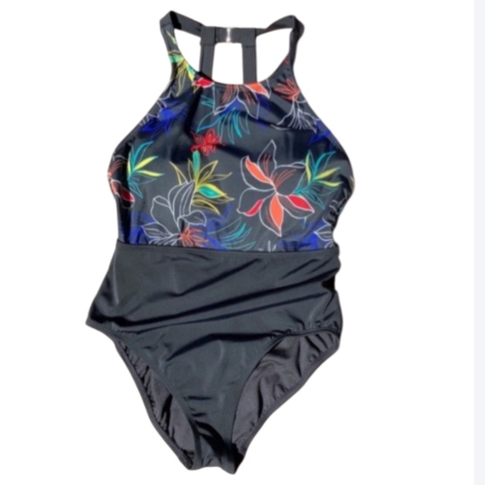 Ecobeach one piece swimsuit high neck black w floral printed swimsuit  L - Picture 17 of 17